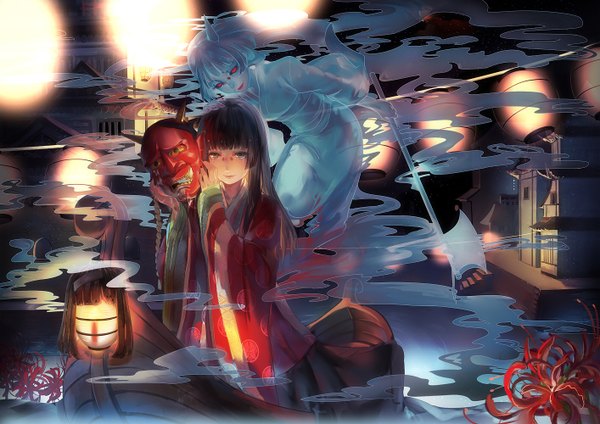 Anime picture 1414x1000 with original rifsom long hair red eyes brown hair multiple girls brown eyes nail polish japanese clothes horn (horns) hand on head crying oni horns ghost fog girl flower (flowers) weapon 2 girls kimono