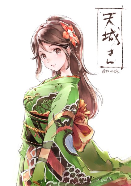 Anime picture 600x849 with kantai collection amagi (kantai collection) mousoup single long hair tall image blush simple background brown hair white background brown eyes signed payot ponytail traditional clothes japanese clothes character names girl hair ornament kimono