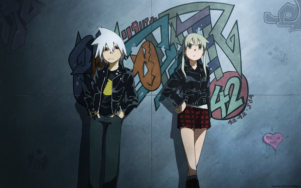 Anime picture 1920x1200 with soul eater studio bones maka albarn soul eater evans death the kid black star nakatsukasa tsubaki elizabeth thompson patricia thompson blair highres short hair blue eyes red eyes wide image twintails green eyes white hair grey hair hand on hip