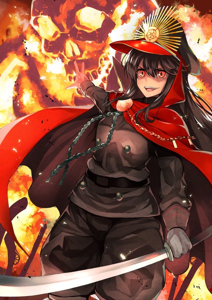 イラスト 752x1062 と Fateシリーズ koha-ace oda nobunaga (fate) (all) 織田信長(fate) ボディマハッタヤ銀河(B-銀河) ソロ 長髪 長身像 前髪 開いた口 黒髪 笑顔 hair between eyes 赤い目 立つ looking away outstretched arm shaded face 女の子 制服