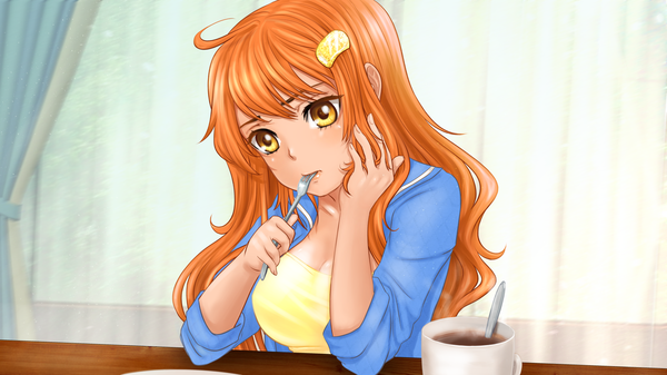 Anime picture 1920x1080 with my lovely sister (eroge) olia (my lovely sister) orika nekoi single long hair blush fringe highres breasts wide image yellow eyes orange hair girl hair ornament hairclip cup clothes teacup fork