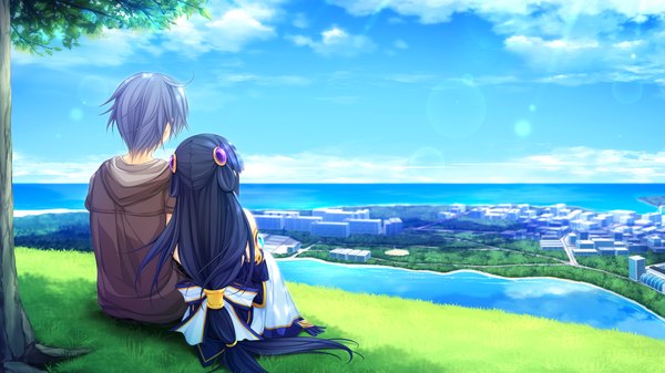 Anime picture 1920x1080 with kujiragami no tearstilla riru whale mikagami mamizu long hair highres short hair black hair wide image sitting blue hair game cg sky cloud (clouds) couple city girl boy hair ornament plant (plants) tree (trees)