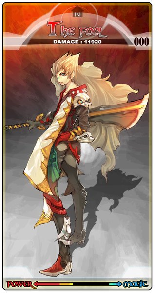 Anime picture 1100x2070 with tarot (game) ryushin single long hair tall image looking at viewer blue eyes blonde hair profile lips boy weapon sword clothes