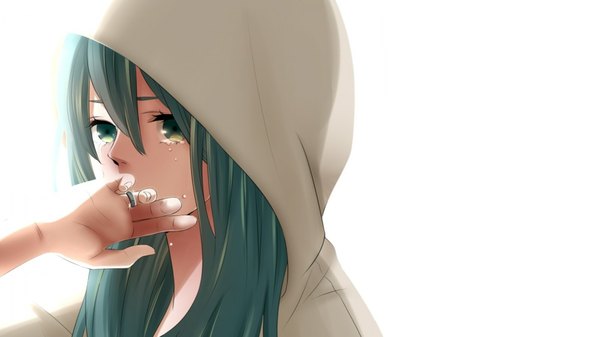 Anime picture 1920x1080 with vocaloid hatsune miku single long hair highres simple background wide image white background green eyes green hair tears girl hood ring
