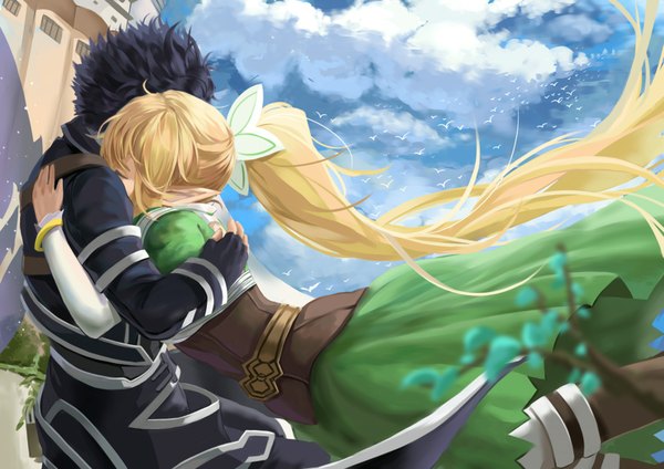 Anime picture 1771x1252 with sword art online a-1 pictures kirigaya kazuto leafa gu-ko citemer long hair highres black hair blonde hair cloud (clouds) ponytail eyes closed pointy ears couple hug girl dress boy