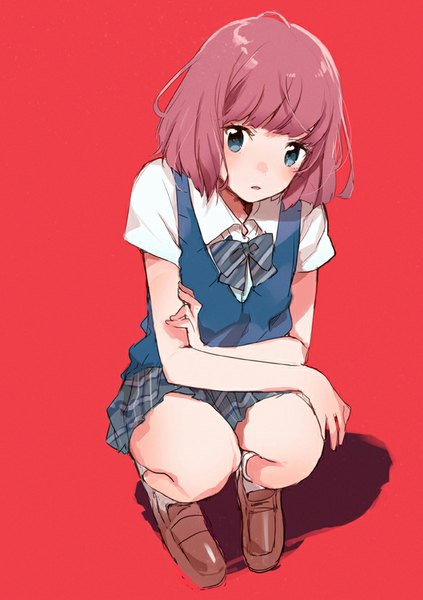 Anime picture 595x842 with original fly (marguerite) single tall image blush fringe short hair open mouth blue eyes looking away red hair shadow short sleeves squat red background girl skirt miniskirt shirt socks