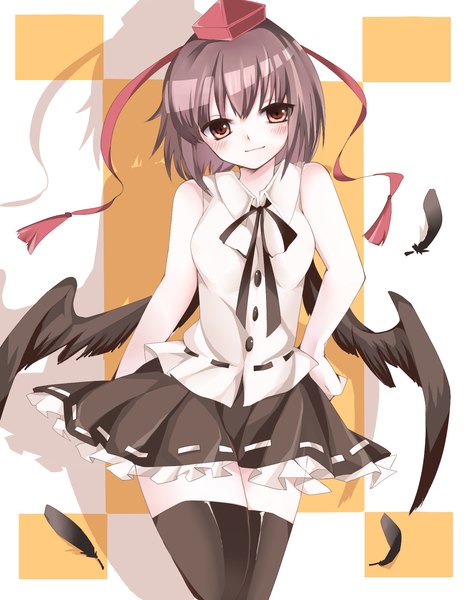 Anime picture 1525x1950 with touhou shameimaru aya hoyuhoyu single tall image looking at viewer blush short hair red eyes brown hair bare shoulders zettai ryouiki hand on hip girl thighhighs skirt black thighhighs hat wings feather (feathers)
