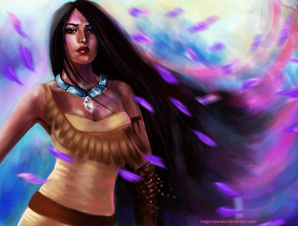 Anime picture 1024x779 with pocahontas pocahontas (character) magicnaanavi single long hair black hair brown eyes wind lips blurry tattoo dark skin watermark girl necklace