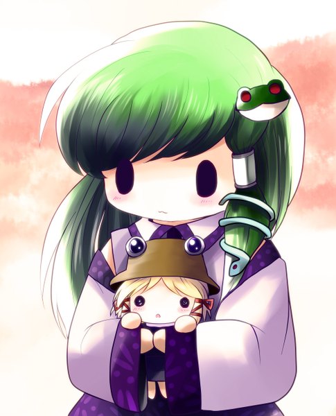 Anime picture 1050x1300 with touhou kochiya sanae moriya suwako yume shokunin tall image blonde hair white background braid (braids) green hair miko chibi solid eyes girl ribbon (ribbons) hat detached sleeves snake frog