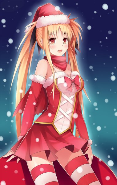 Anime picture 1404x2218 with mahou shoujo lyrical nanoha fate testarossa mushroom (artist) single long hair tall image blush open mouth blonde hair red eyes twintails fur trim snowing girl thighhighs dress detached sleeves bowtie fur striped thighhighs