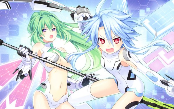 Anime picture 6479x4076 with choujigen game neptune vert blanc green heart white heart tsunako long hair looking at viewer blush fringe highres breasts open mouth light erotic hair between eyes red eyes large breasts purple eyes bare shoulders multiple girls