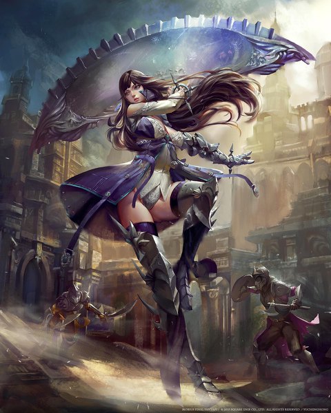 Anime picture 960x1200 with mobius final fantasy yu cheng hong long hair tall image blue eyes light erotic black hair looking away sky cleavage bent knee (knees) realistic multiple boys outstretched arm fighting stance girl boy weapon armor building (buildings)