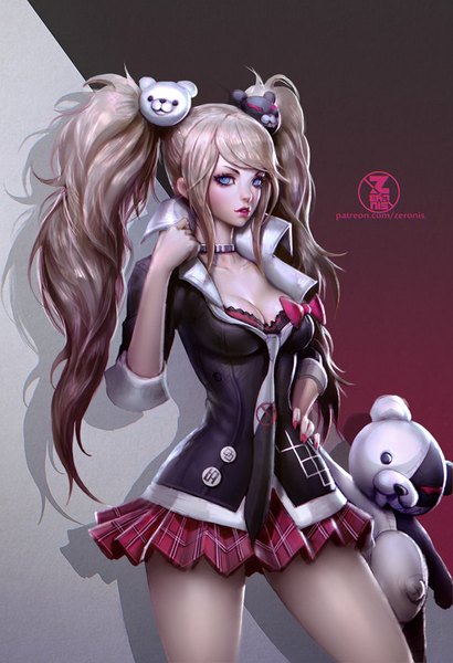 Anime picture 600x876 with dangan ronpa enoshima junko monokuma paul (shiramune) long hair tall image fringe blue eyes light erotic standing twintails pink hair cleavage nail polish parted lips pleated skirt fingernails lips realistic hand on hip