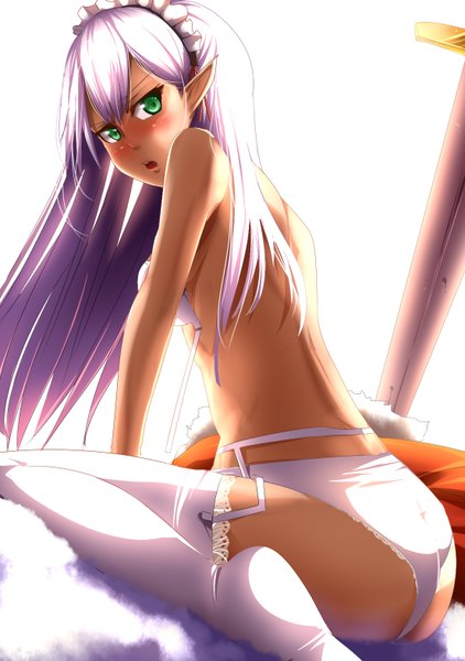 Anime picture 1106x1571 with original umakatsuhai single long hair tall image blush open mouth light erotic bare shoulders green eyes purple hair looking back pointy ears underwear only girl thighhighs underwear panties white thighhighs