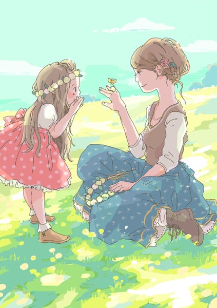 Anime picture 1748x2480 with yodo long hair tall image blush highres smile brown hair sitting sky profile hair flower polka dot butterfly on hand girl dress hair ornament flower (flowers) insect butterfly child (children)