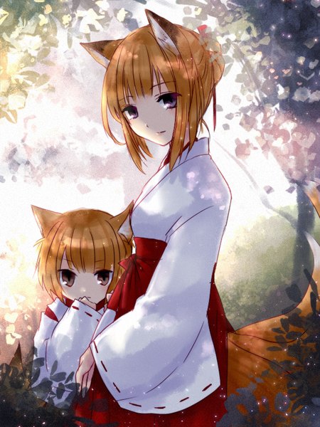 Anime picture 600x800 with original sayuiv tall image looking at viewer short hair purple eyes multiple girls brown eyes animal ears payot tail traditional clothes japanese clothes animal tail orange hair wide sleeves hair bun (hair buns) fox ears fox tail fox girl