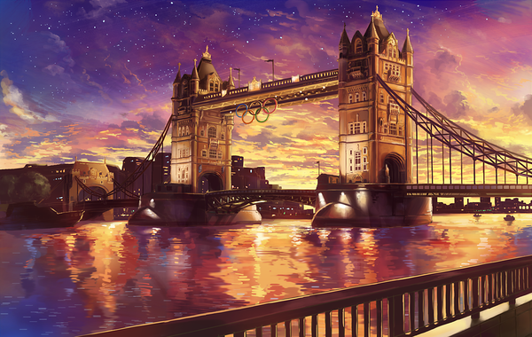 Anime picture 1400x887 with olympics 2012 summer olympics guchico sky cloud (clouds) evening sunset landscape scenic river water bridge london tower bridge (london)