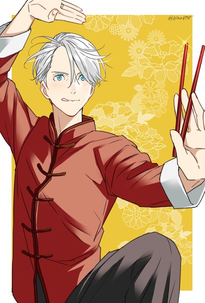 Anime picture 815x1200 with yuri!!! on ice mappa viktor nikiforov natsuko (bluecandy) single tall image short hair blue eyes standing looking away silver hair traditional clothes border standing on one leg chinese clothes outside border fighting stance yellow background floral background boy