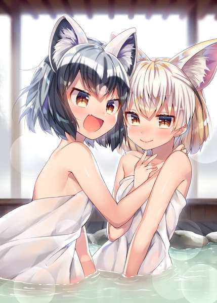 Anime picture 1000x1399 with kemono friends fennec (kemono friends) common raccoon (kemono friends) ntk (7t5) tall image looking at viewer blush fringe highres short hair breasts open mouth light erotic black hair blonde hair smile bare shoulders multiple girls brown eyes animal ears