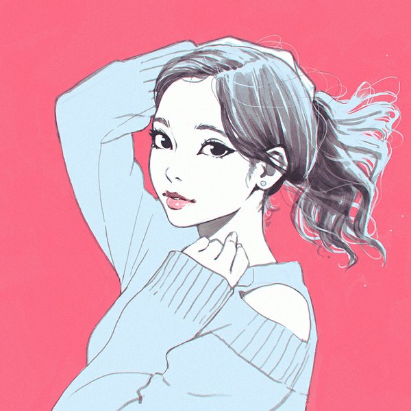 Anime picture 900x900 with original ilya kuvshinov single long hair looking at viewer simple background ponytail long sleeves parted lips lipstick adjusting hair monochrome portrait arm behind head pink background pink lipstick hairdressing girl earrings sweater