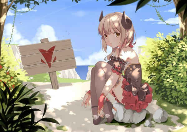 Anime picture 1414x1000 with original pixiv fantasia pixiv fantasia t ello-chan single long hair looking at viewer blonde hair sitting sky cloud (clouds) horn (horns) girl thighhighs dress plant (plants) tree (trees)