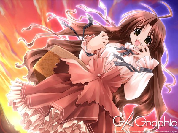 Anime picture 1024x768 with gagraphic akata itsuki single long hair brown hair brown eyes ahoge dutch angle wallpaper evening sunset hand to mouth girl
