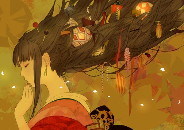 Anime picture 4200x2980 with original romiy single long hair fringe highres brown hair absurdres eyes closed traditional clothes japanese clothes profile glowing eyeshadow girl hair ornament ribbon (ribbons) hair ribbon earrings petals