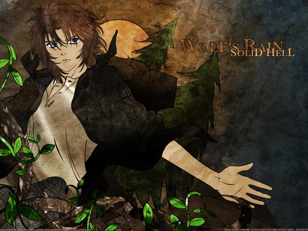 Anime picture 1600x1200 with wolfs rain studio bones kiba kalicodreamz single short hair blue eyes brown hair signed open jacket copyright name open collar vector third-party edit hair over eyes popped collar boy plant (plants) tree (trees) jacket