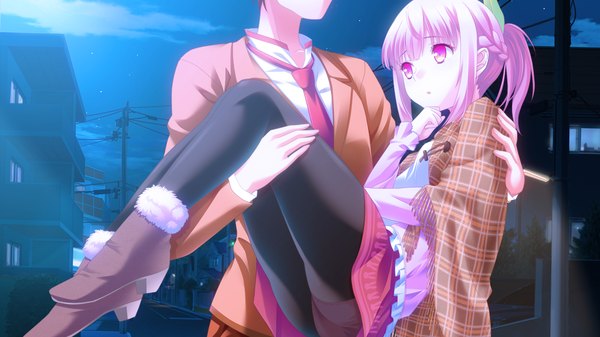 Anime picture 1280x720 with touhikou game houjou akito ichiha nia yasuyuki blush short hair open mouth light erotic wide image pink hair game cg cloud (clouds) pink eyes night night sky couple carrying princess carry girl boy