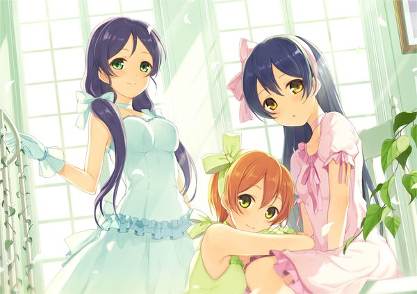 Anime picture 900x635 with love live! school idol project sunrise (studio) love live! toujou nozomi sonoda umi hoshizora rin 6u (eternal land) long hair looking at viewer blush fringe short hair breasts smile standing sitting twintails multiple girls green eyes yellow eyes