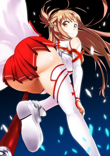 Anime picture 827x1169 with sword art online a-1 pictures yuuki asuna imojin single long hair tall image looking at viewer blush fringe open mouth light erotic brown hair bare shoulders brown eyes ass braid (braids) pleated skirt looking back wind