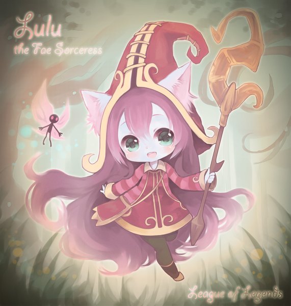 Anime picture 1200x1260 with league of legends lulu (league of legends) tunako single long hair tall image blush animal ears purple hair dark skin fairy girl hat tree (trees) bag staff forest