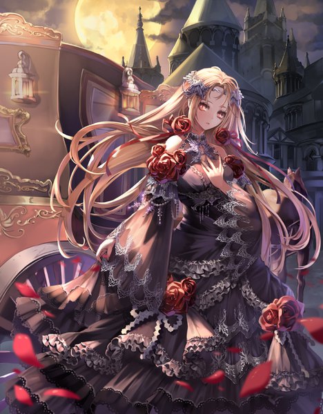 Anime picture 1000x1280 with original shenteita (sharkpunk) long hair tall image looking at viewer blonde hair bare shoulders cloud (clouds) outdoors parted lips night wide sleeves orange eyes night sky hand on chest slit pupils girl dress hair ornament flower (flowers)