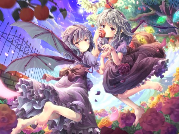 Anime picture 1200x900 with touhou flandre scarlet remilia scarlet niichi (komorebi-palette) short hair multiple girls yellow eyes silver hair purple hair barefoot legs girl dress flower (flowers) 2 girls petals wings crystal apple