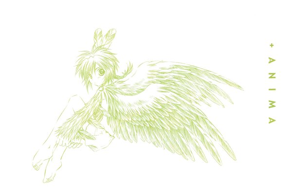 Anime picture 2116x1414 with +anima (manga) cooro highres short hair white background braid (braids) barefoot monochrome drawing boy wings shorts feather (feathers)