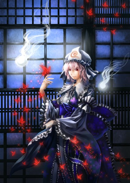 Anime picture 713x1000 with touhou saigyouji yuyuko yorubehakiete tenohiragaeshi single tall image looking at viewer short hair red eyes pink hair traditional clothes light smile ghost glow girl bow frills insect butterfly bonnet