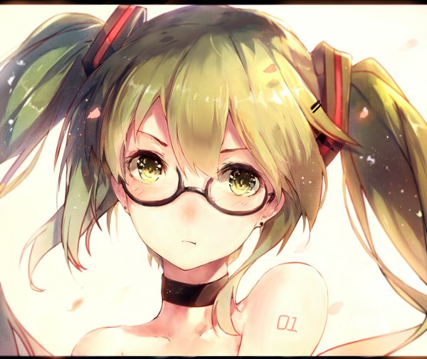 Anime picture 1400x1177 with vocaloid hatsune miku caidychen hadean92 single long hair looking at viewer blush simple background white background twintails bare shoulders upper body green hair tattoo girl petals choker glasses