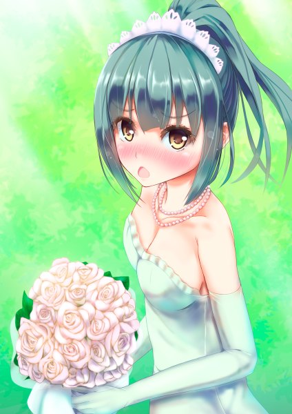 Anime picture 848x1200 with konkito single long hair tall image looking at viewer blush open mouth brown eyes blue hair ponytail girl dress gloves elbow gloves beads wedding dress strapless dress