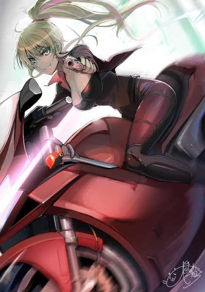 Anime picture 844x1200 with phantom: requiem for the phantom phantom of inferno nitroplus cal devens ookuma (nitroplus) single long hair tall image breasts blonde hair smile large breasts green eyes cleavage ponytail grin girl gloves weapon jacket