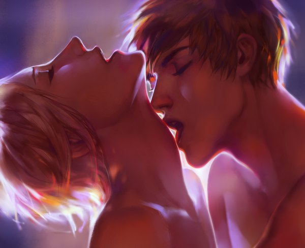 Anime picture 2355x1917 with 19 days jian yi zhan zheng xi j-witless fringe highres short hair open mouth light erotic blonde hair simple background brown hair eyes closed head tilt profile realistic multiple boys leaning couple shounen ai
