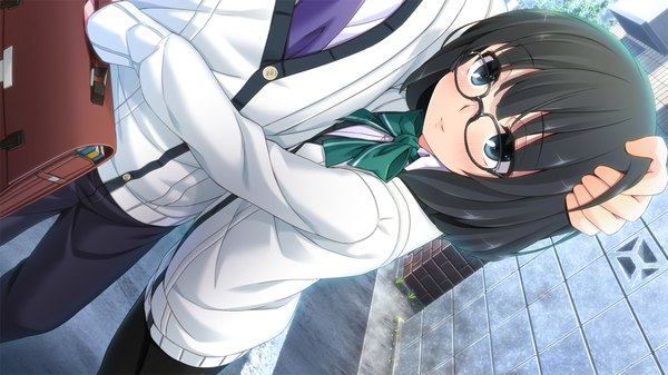 Anime picture 1280x720 with tsuisou no augment hinasaki you short hair blue eyes black hair wide image game cg girl uniform school uniform glasses sweater