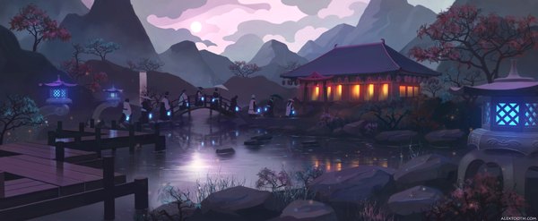 Anime picture 1920x793 with alextooth highres wide image signed sky cloud (clouds) mountain landscape silhouette river architecture east asian architecture plant (plants) tree (trees) water building (buildings) moon umbrella full moon lantern