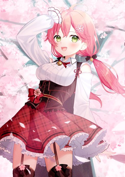 Anime picture 1158x1637 with virtual youtuber hololive sakura miko sakura miko (casual) luna (mi-chanman) single long hair tall image blush open mouth twintails bare shoulders green eyes pink hair ahoge :d arm up wind from below low twintails