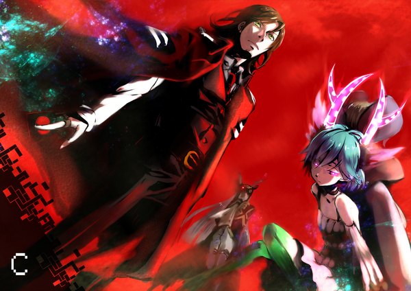 Anime picture 1168x826 with c: the money of soul and possibility control q (control) mikuni souichirou aurore (control) uni (yuni) short hair brown hair bare shoulders green eyes blue hair horn (horns) glowing glowing eye (eyes) red background clothes on shoulders back to back girl dress boy necktie