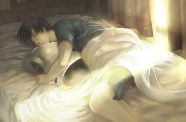 Anime picture 1280x843 with power pro kun pocket izumisiino single short hair black hair lying eyes closed sunlight hug on side sleeping boy shorts bed curtains t-shirt blanket