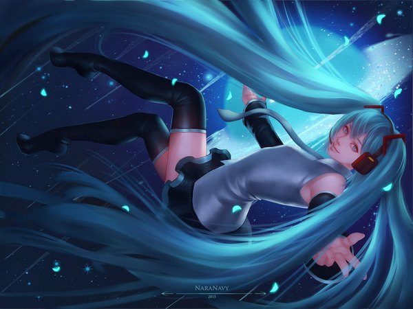 Anime picture 1024x768 with vocaloid hatsune miku naranavy single long hair fringe smile twintails signed looking away very long hair lips night wide sleeves zettai ryouiki night sky dark background spread arms girl skirt