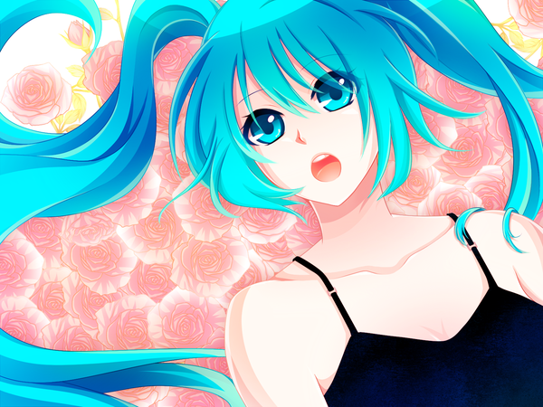 Anime picture 1600x1200 with vocaloid hatsune miku open mouth twintails green eyes green hair girl
