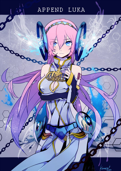 Anime picture 1000x1412 with vocaloid vocaloid append megurine luka megurine luka (append) kurono yuu single long hair tall image looking at viewer blush fringe breasts light erotic standing signed pink hair aqua eyes inscription no bra tattoo