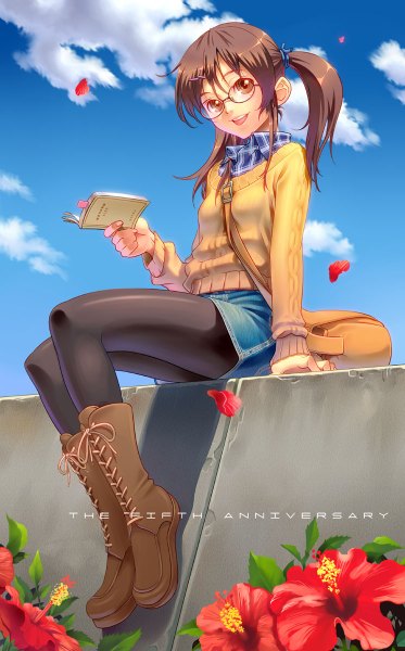 Anime picture 746x1200 with original aoi sora (pairan) pairan single long hair tall image open mouth smile brown hair twintails brown eyes sky cloud (clouds) inscription lacing girl flower (flowers) petals pantyhose glasses