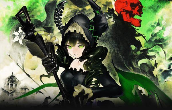 Anime picture 1697x1092 with black rock shooter dead master huke single long hair black hair green eyes horn (horns) drill hair girl dress weapon skull